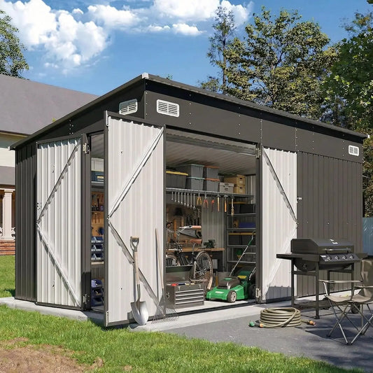 Outdoor Lean To Shed With Triple Doors Galvanized Steel Storage