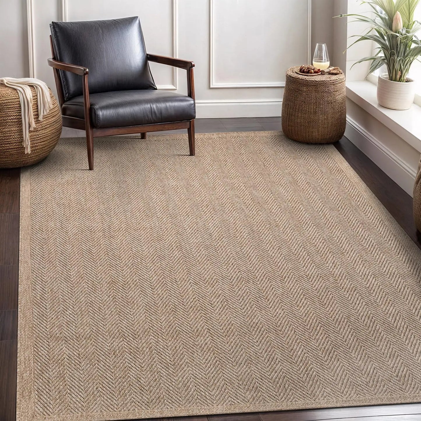 Natural Fiber Seagrass Area Rug Herringbone Design for Indoor Outdoor