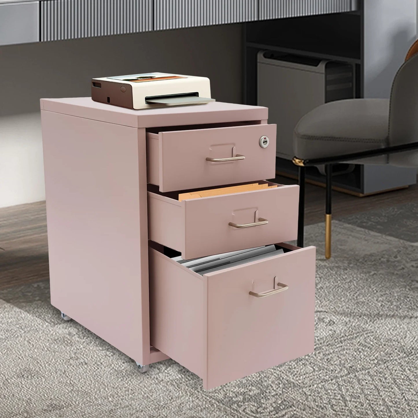 Three Drawer Vertical File Cabinet With Lock Metal Office Storage