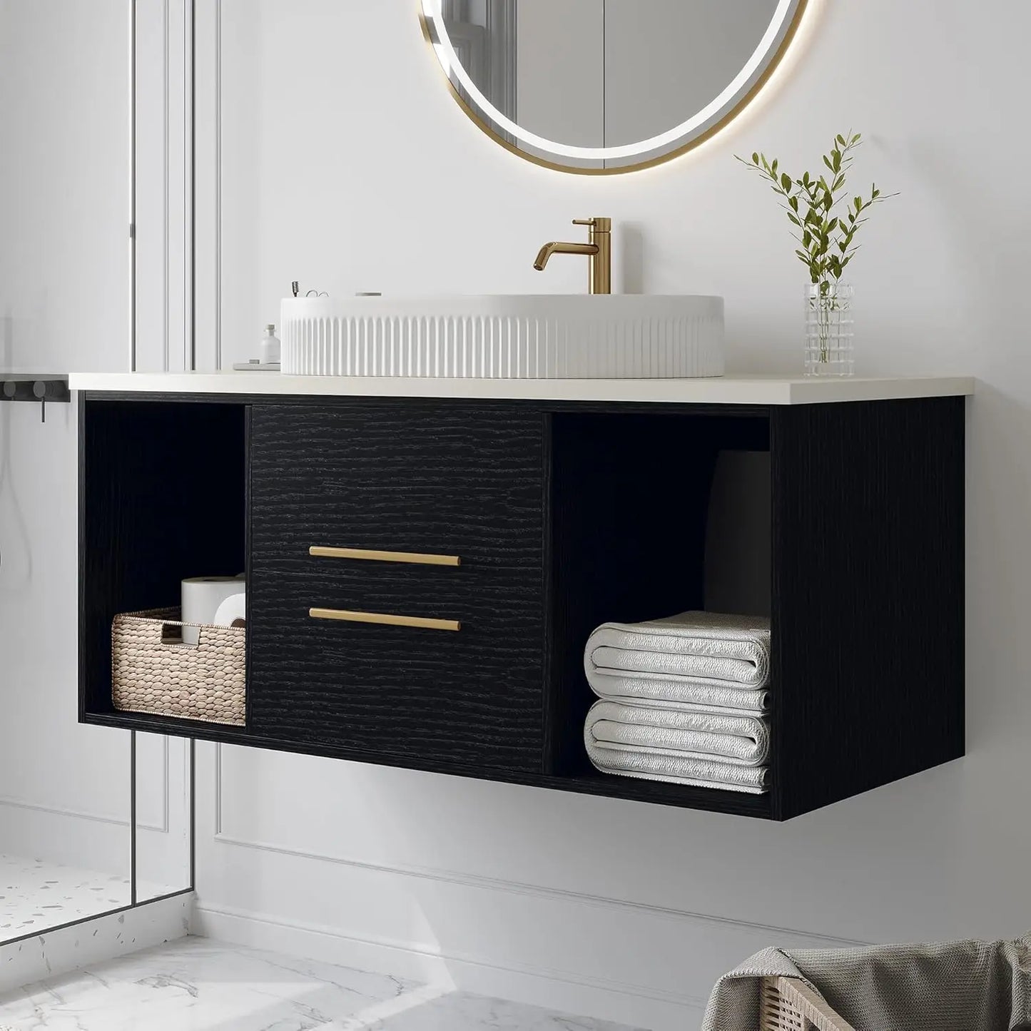 Modern Floating Bathroom Vanity With Ceramic Sink And Wood Cabinet