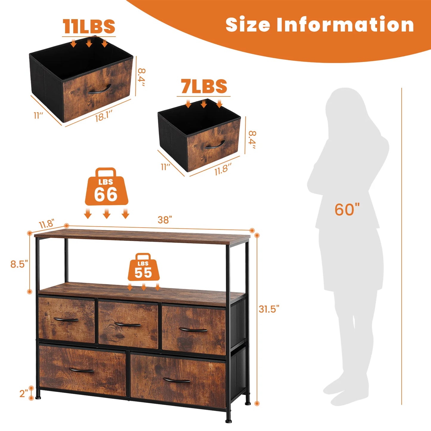 JHK Shoe Cabinet Dresser With Five Fabric Drawers And TV Stand