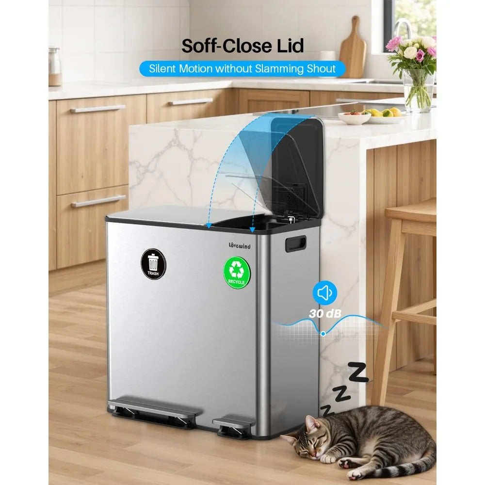 Dual Compartment Trash And Recycling Bin Set Stainless Steel