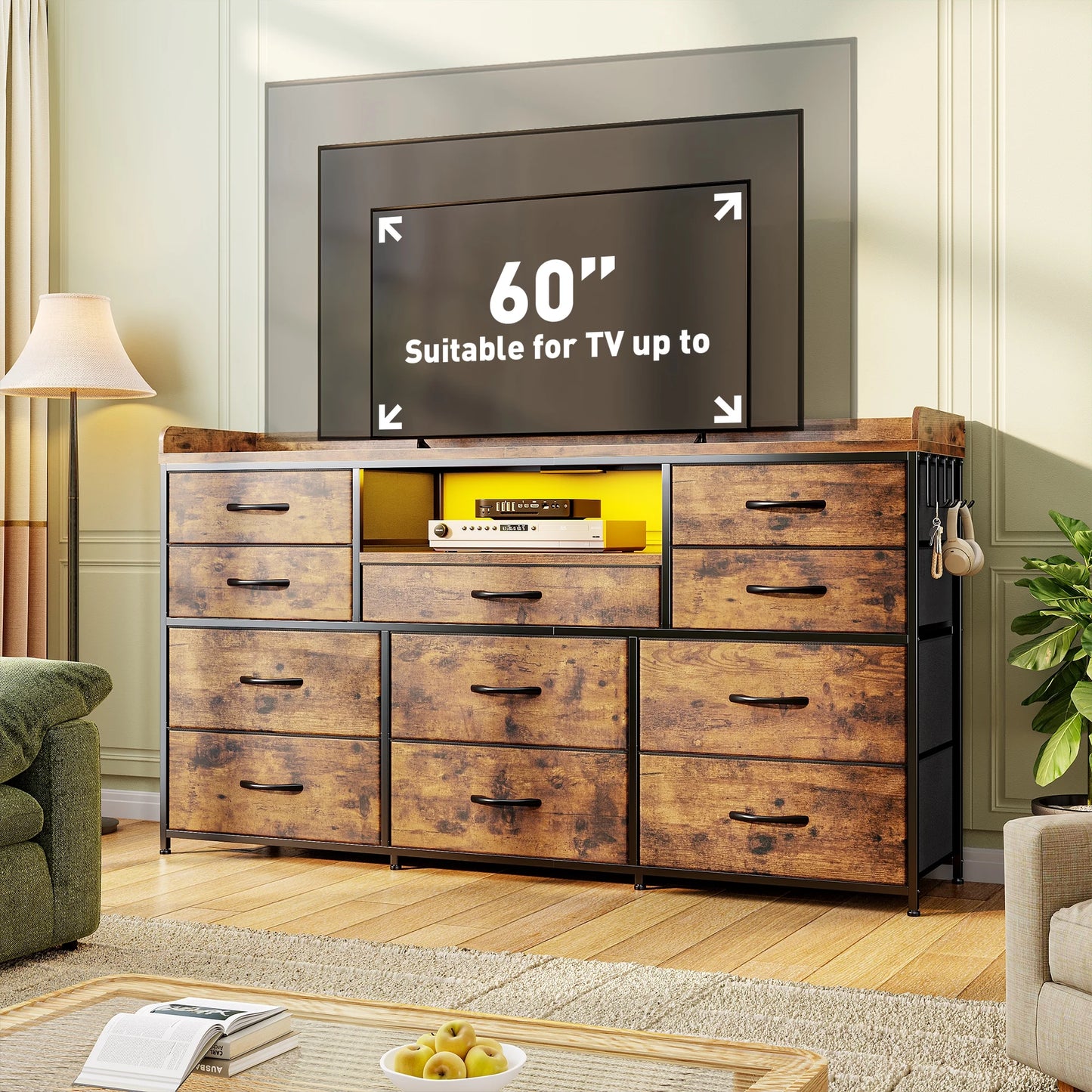 11-Drawer Dresser And TV Stand With LED Lights And Shelves