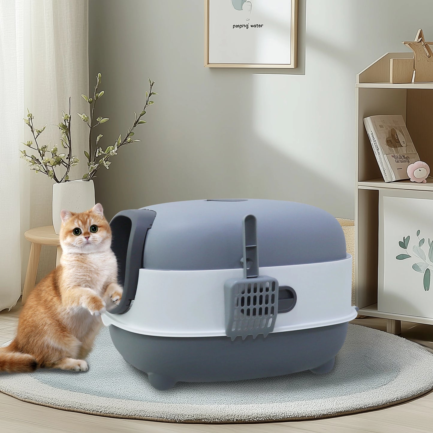 Enclosed Hooded Cat Litter Box With Front Entry And Scoop