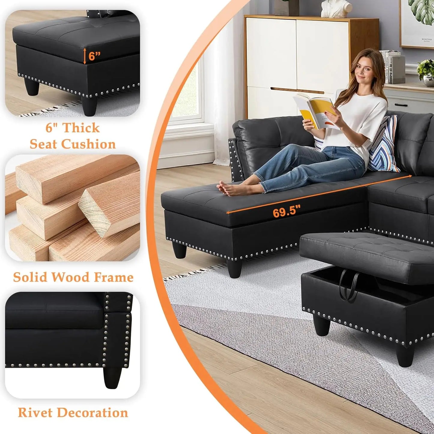 Sectional Sofa L-Shaped Set With Chaise Lounge And Ottoman Pillows