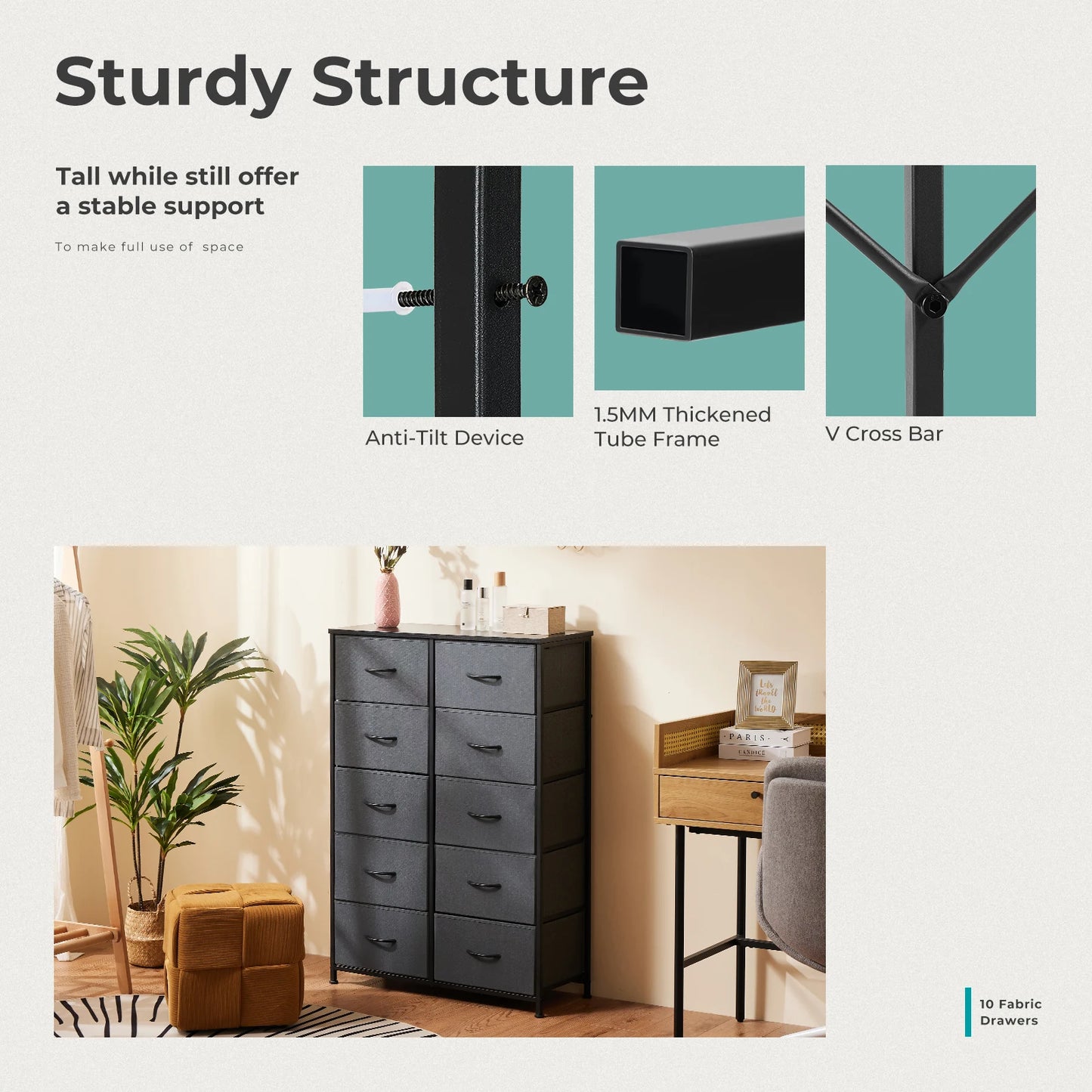 JHK Bedside Table With 10 Fabric Drawers And Metal Frame