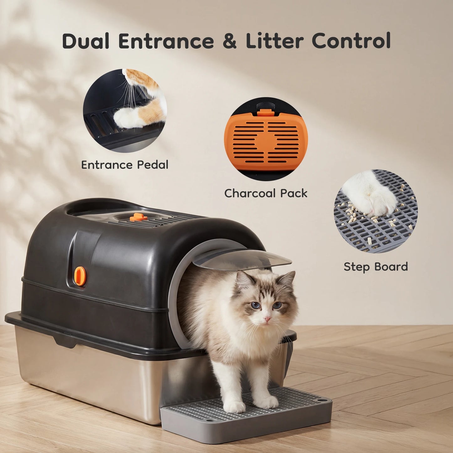 Stainless Steel Enclosed Cat Litter Box With Mat And Scoop