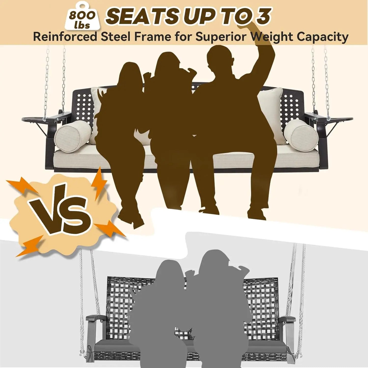 Outdoor Porch Swing Bench With Cup Holders And Back Cushions