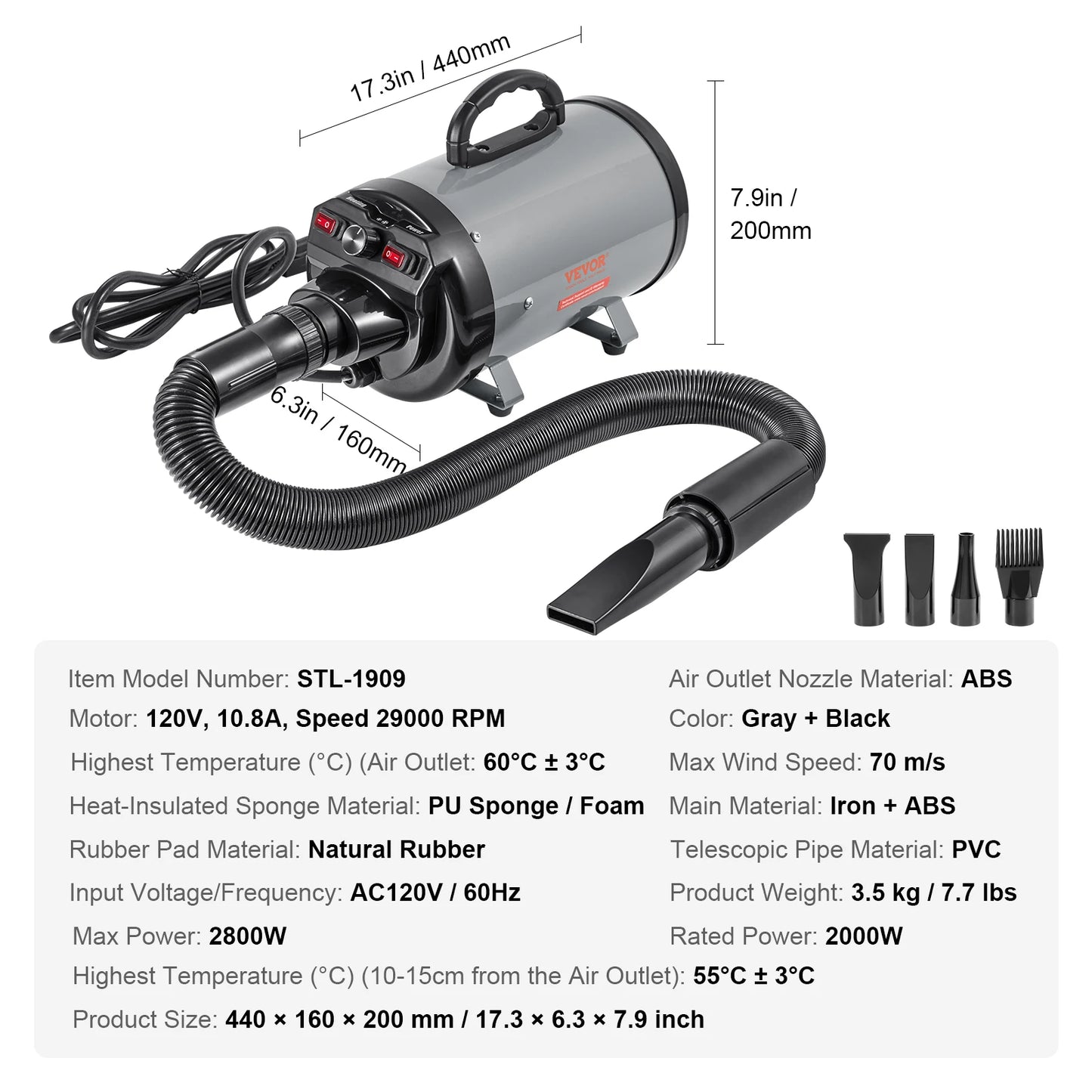 SucceBuy Dog Blow Dryer 2000W Adjustable Speed Temperature Control