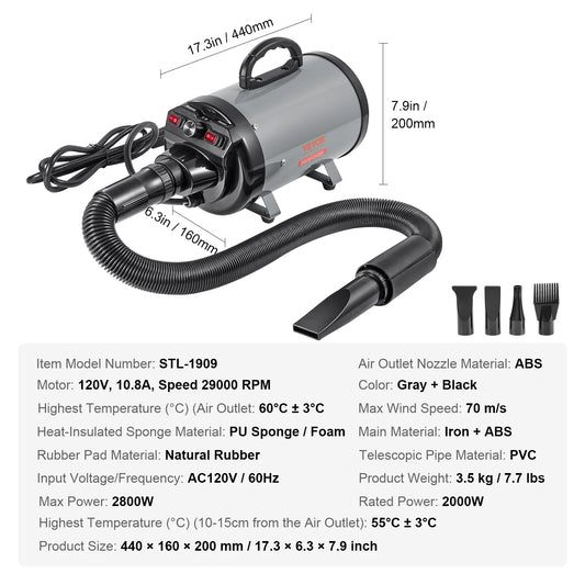 SucceBuy Dog Blow Dryer 2000W Adjustable Speed Temperature Control