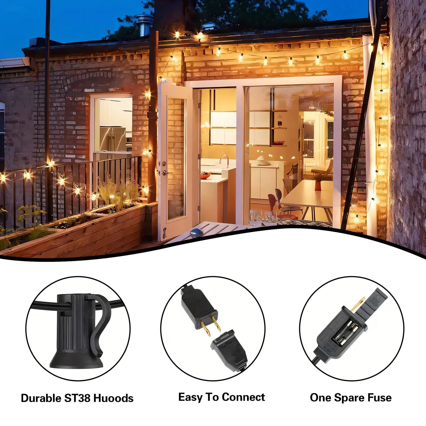ST38 Solar String Lights 24 LED Bulbs Waterproof Outdoor Patio