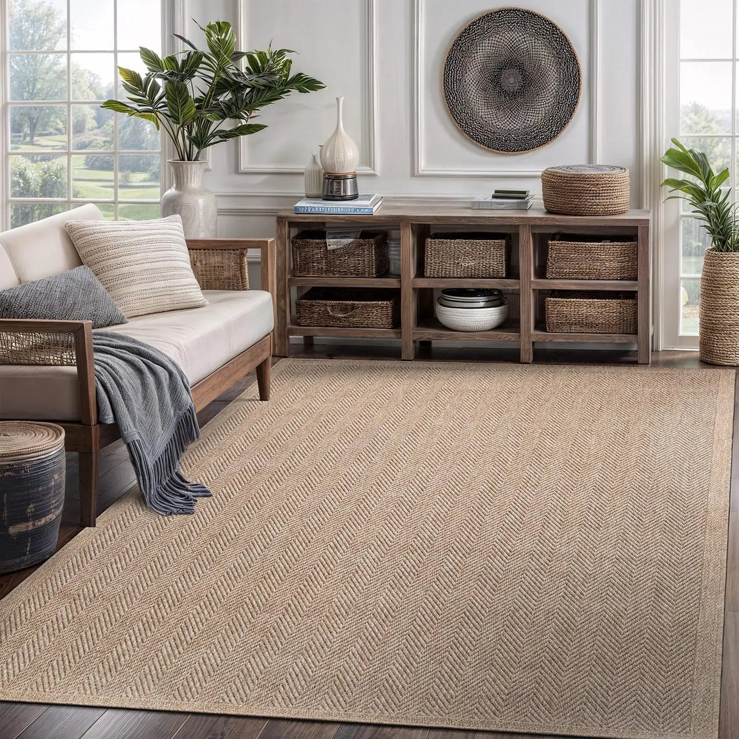 Natural Fiber Seagrass Area Rug Herringbone Design for Indoor Outdoor