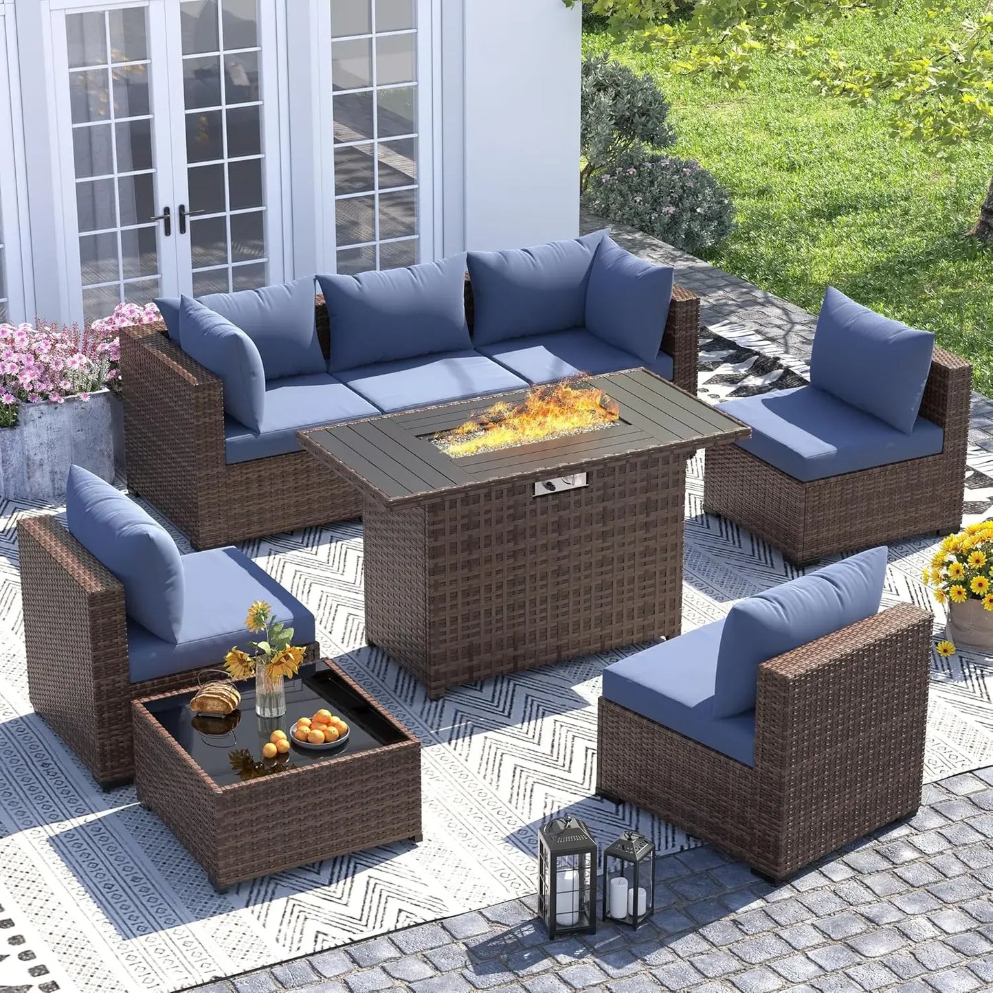 Outdoor 8-Piece Fire Pit Patio Set With All-Weather Wicker