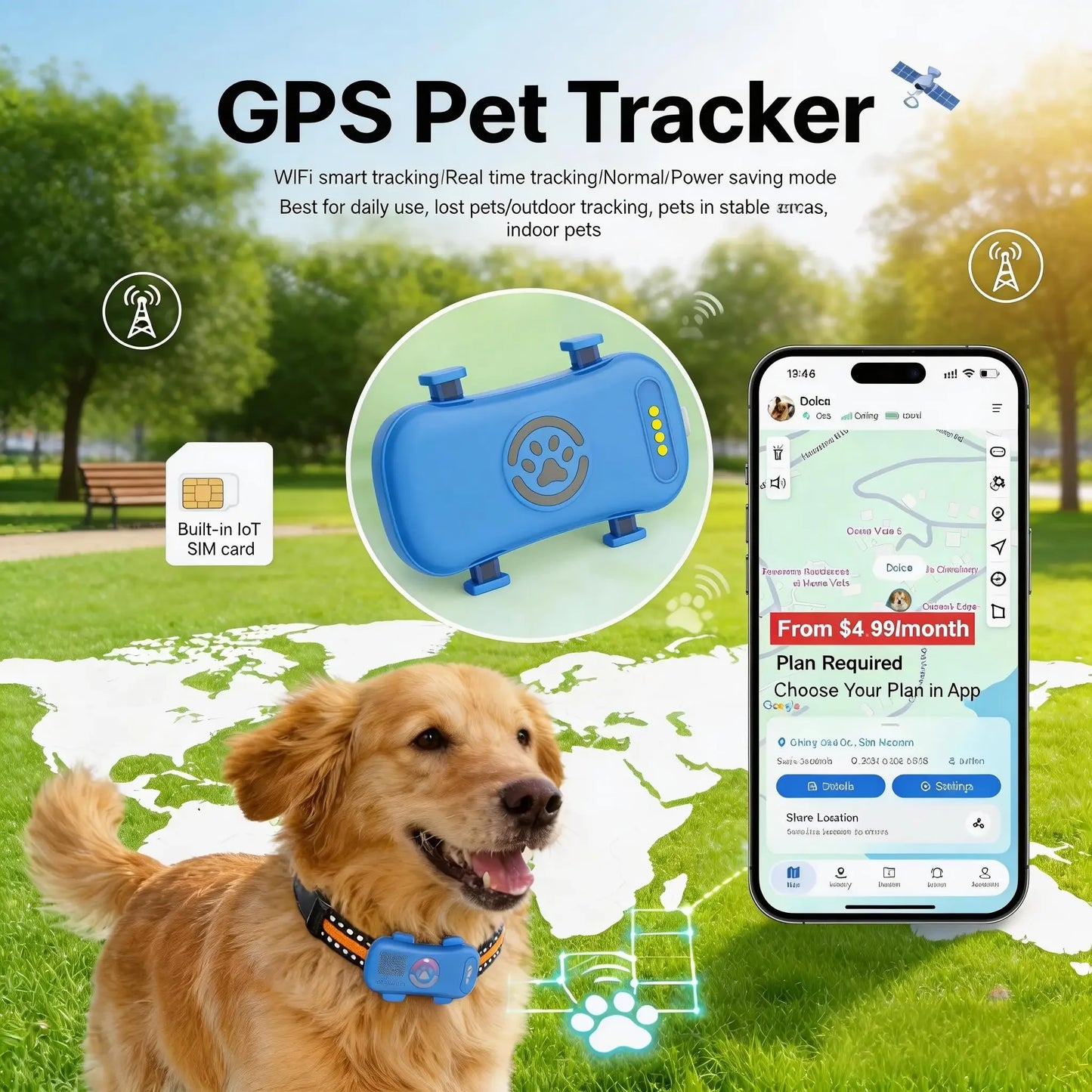 WANWAYTECH GPS Pet Tracker 4G Real-Time Tracking Waterproof IP67