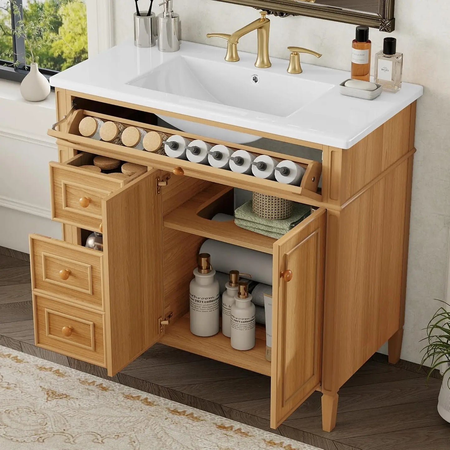 Free Standing Bathroom Vanity With Sink And Ceramic Basin