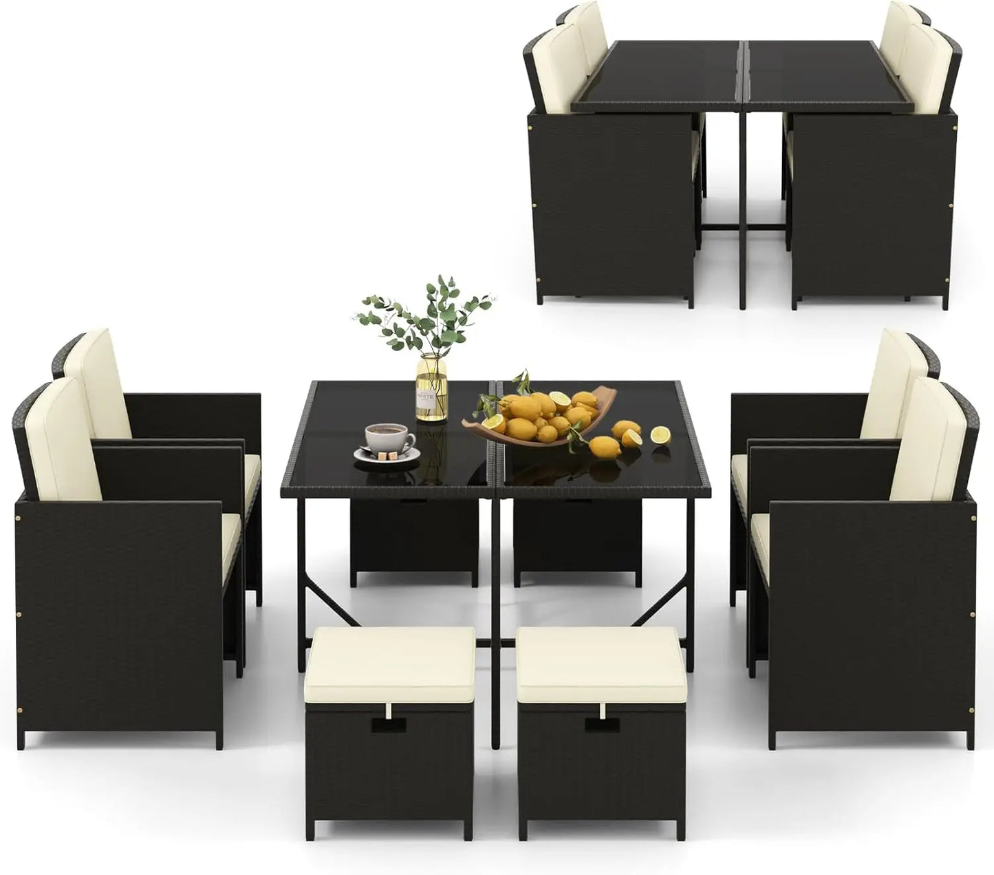 9 Piece Outdoor Patio Dining Set Rattan Chairs With Tempered Glass Table Ottoman