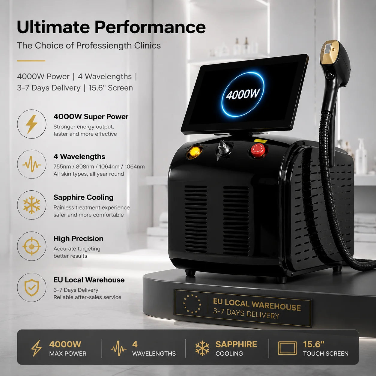 Emsnova 808nm Diode Laser Hair Removal Machine Four Wavelengths Ice Cooling