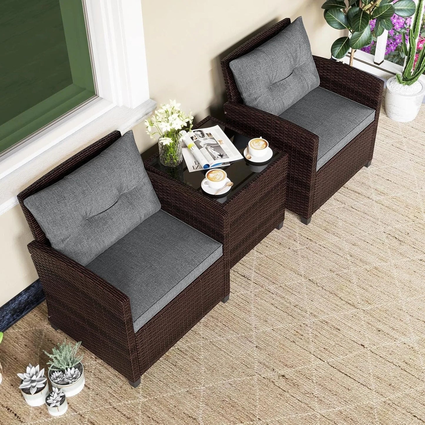XIUWO 3-Piece Patio PE Rattan Sofa Set With Glass Table