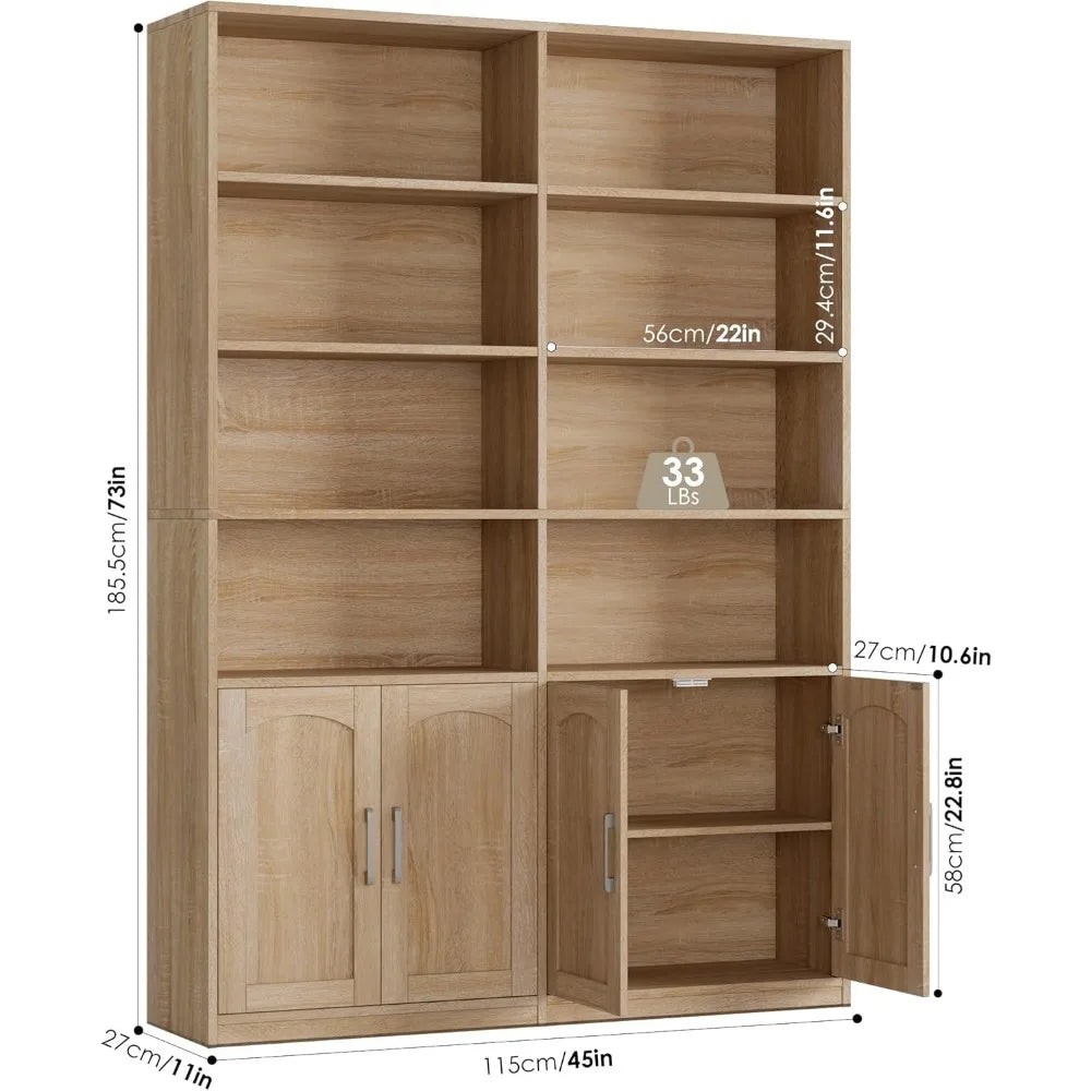 XIUWO Six Tier Double Wide Bookshelf With Doors And Storage Cabinets