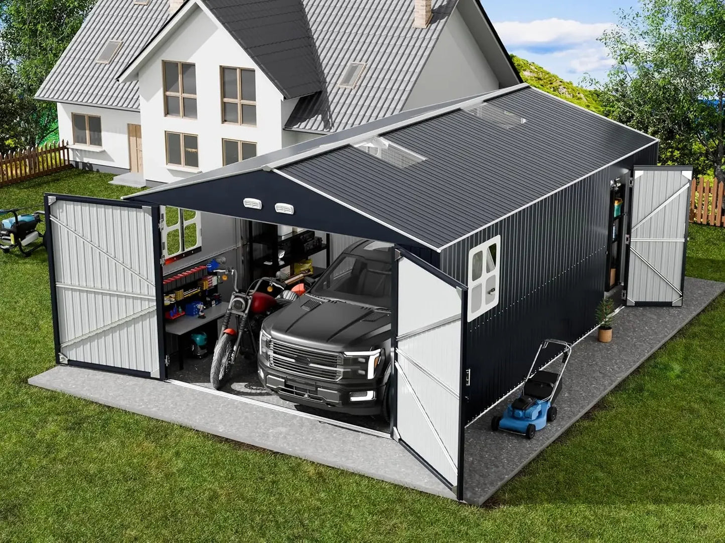 Metal Garage Shed Carport Workshop Outdoor Building With Reinforced Truss