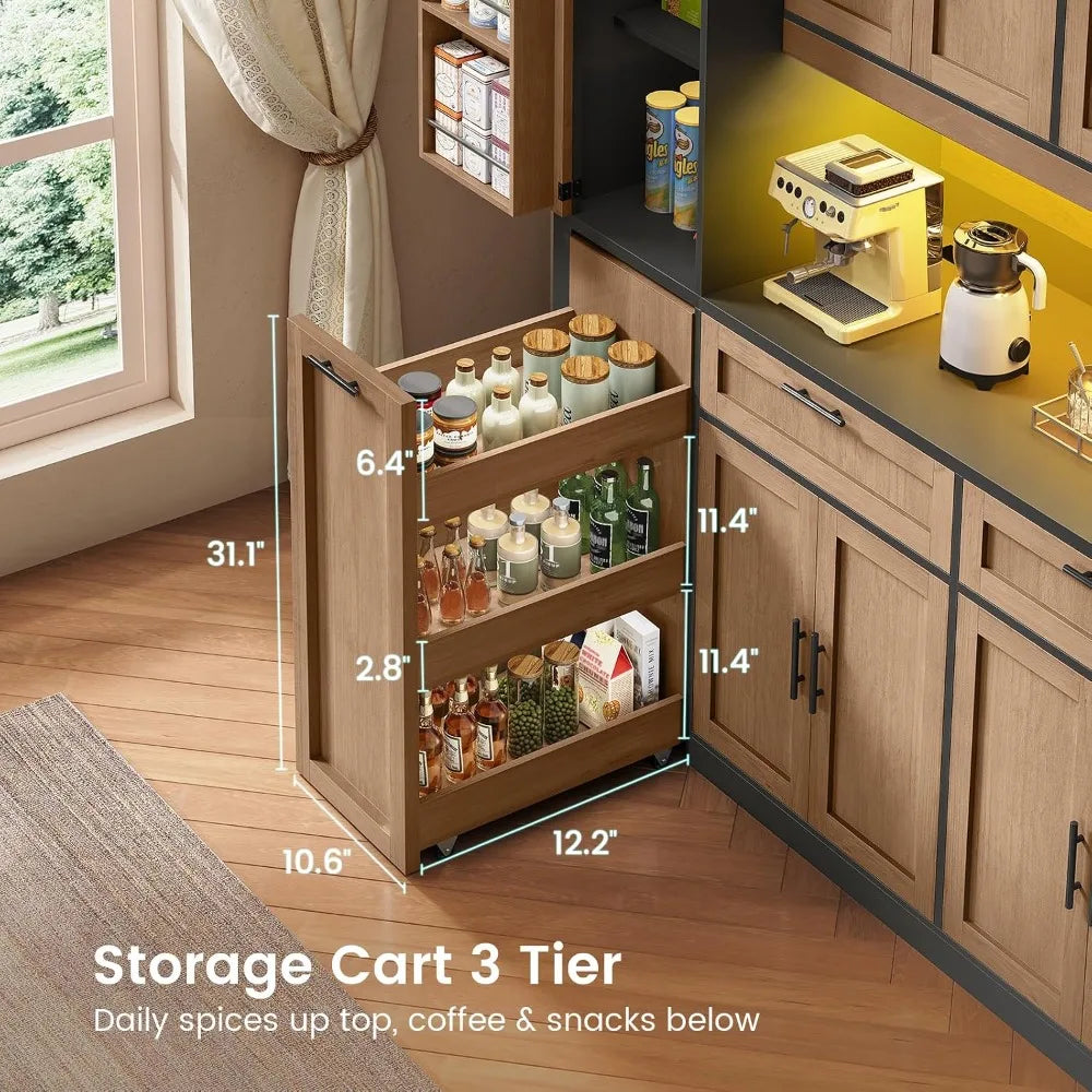 Kitchen Pantry Cabinet With Microwave Stand And Charging Station And LED Light