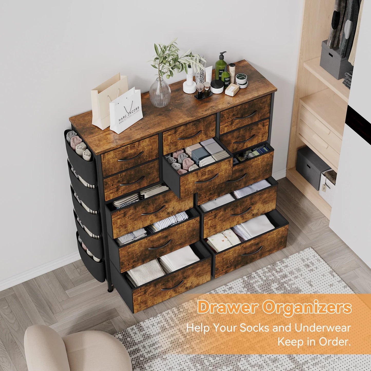 HiMISS 12 Drawer Dresser For Bedroom With Fabric Storage Cabinet