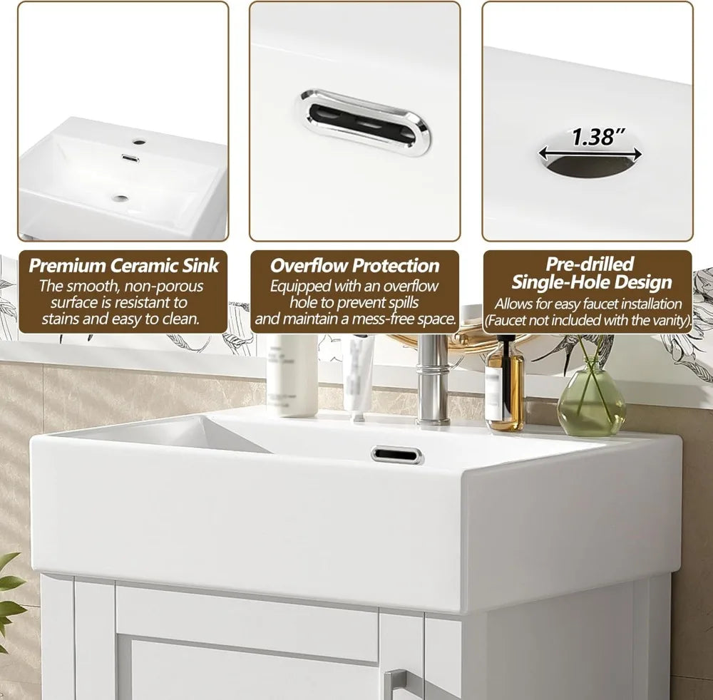 Freestanding Bathroom Vanity With Ceramic Sink Soft Closing Doors Drawers
