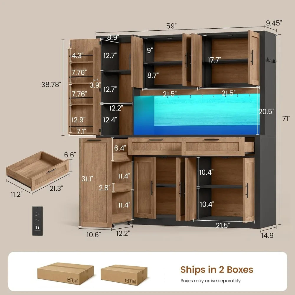 Kitchen Pantry Cabinet With Microwave Stand And Charging Station And LED Light