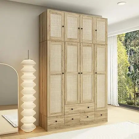 RBXC 8 Door Wardrobe Armoire With Rattan Doors And Drawers