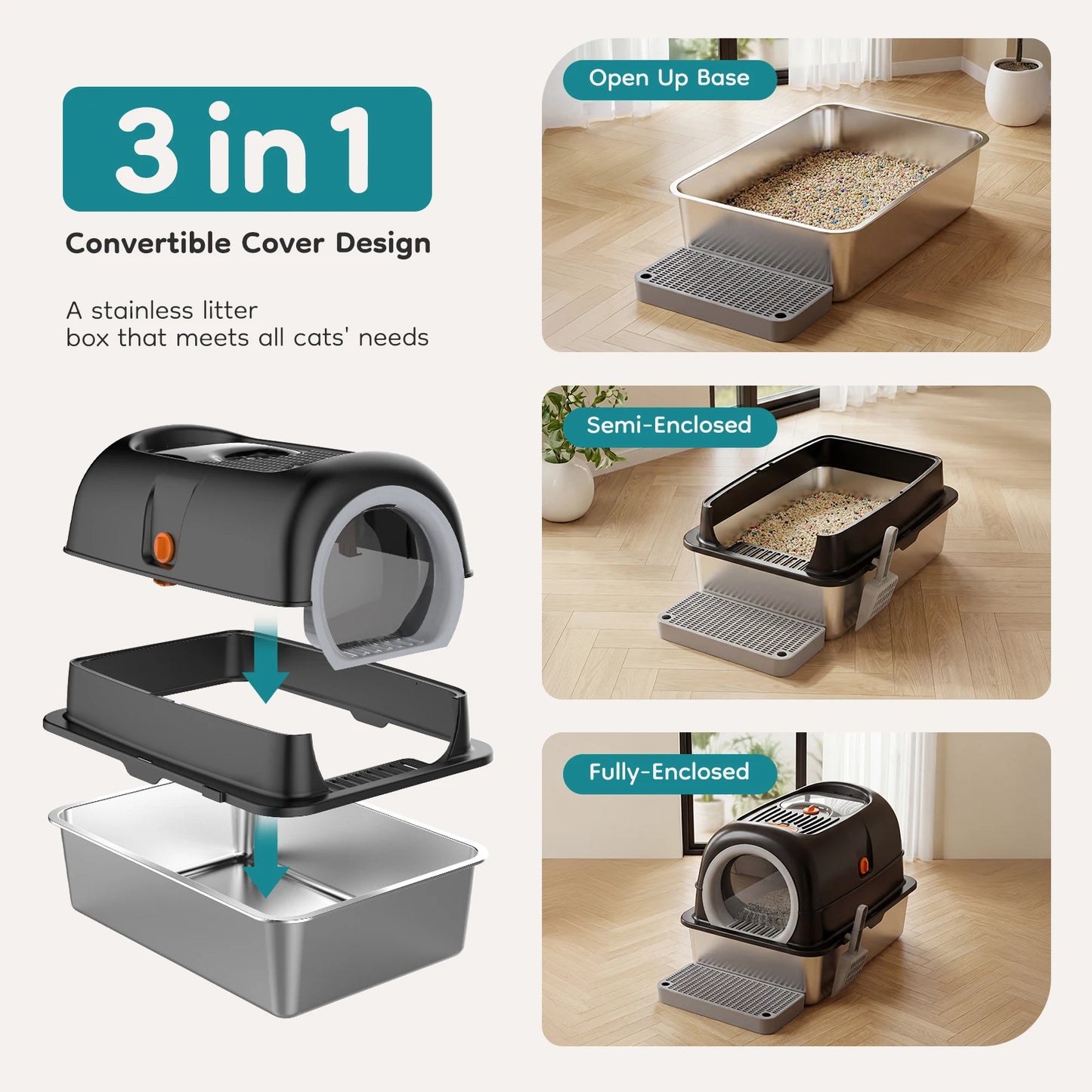 Stainless Steel Enclosed Cat Litter Box With Mat And Scoop