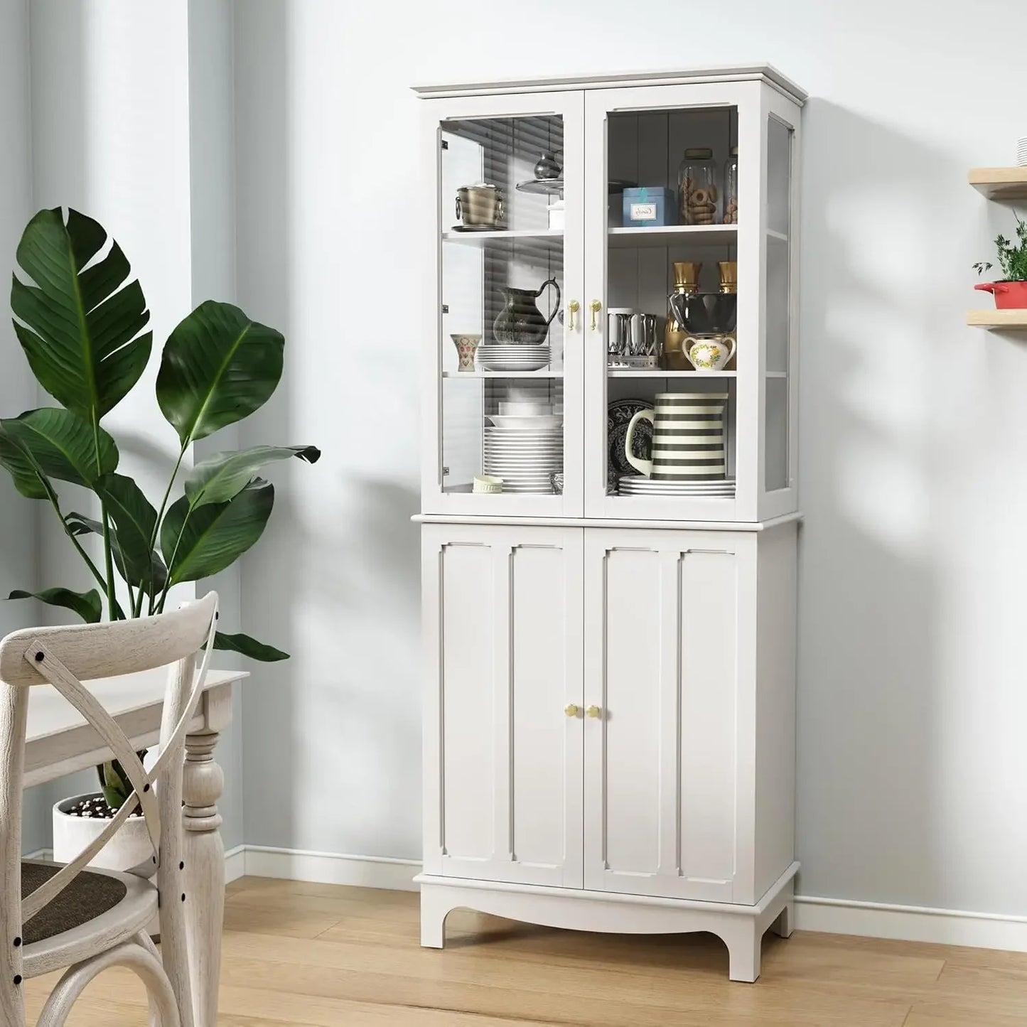 Freestanding Kitchen Pantry Cabinet With Glass Doors And Adjustable Shelves