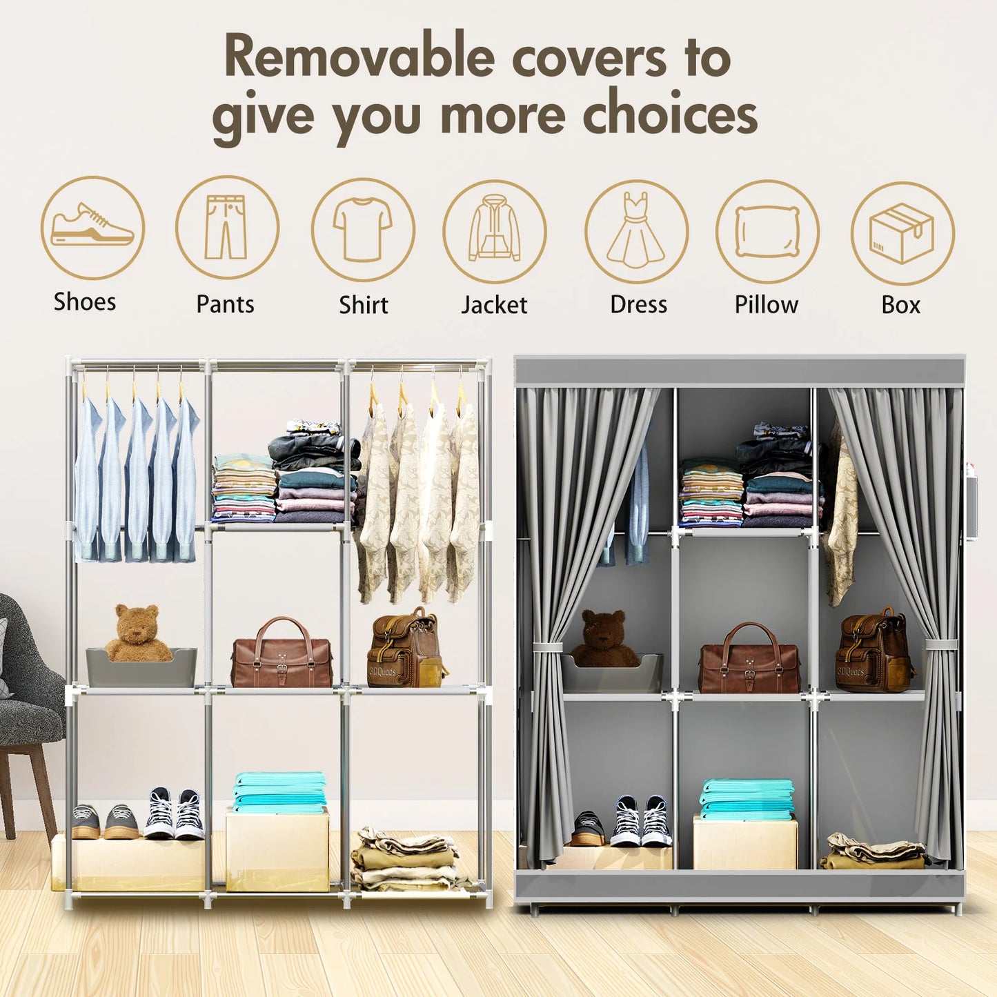 Closet Storage Portable Organizer Dustproof Nonwoven Fabric Wardrobe