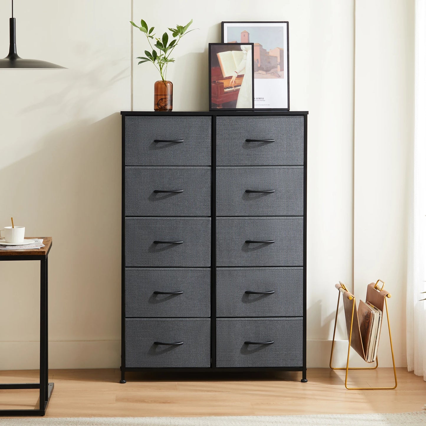 JHK Bedside Table With 10 Fabric Drawers And Metal Frame