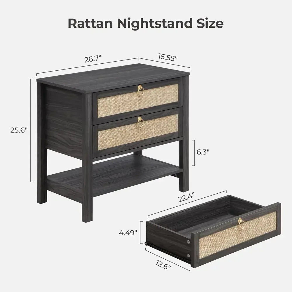 Pair Of Rattan Nightstands With Drawer And Open Shelf