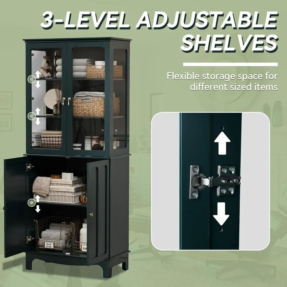 Freestanding Kitchen Pantry Cabinet With Glass Doors And Adjustable Shelves