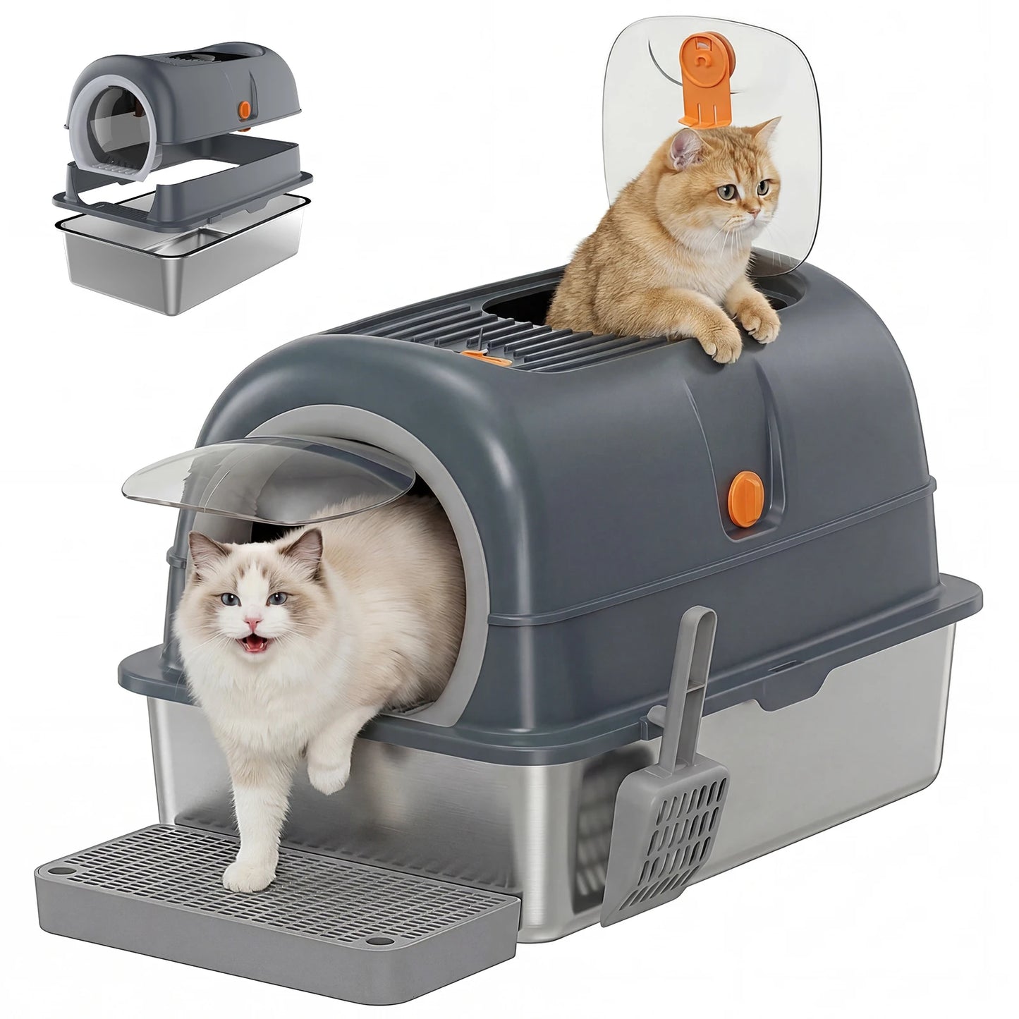 Stainless Steel Enclosed Cat Litter Box With Mat And Scoop