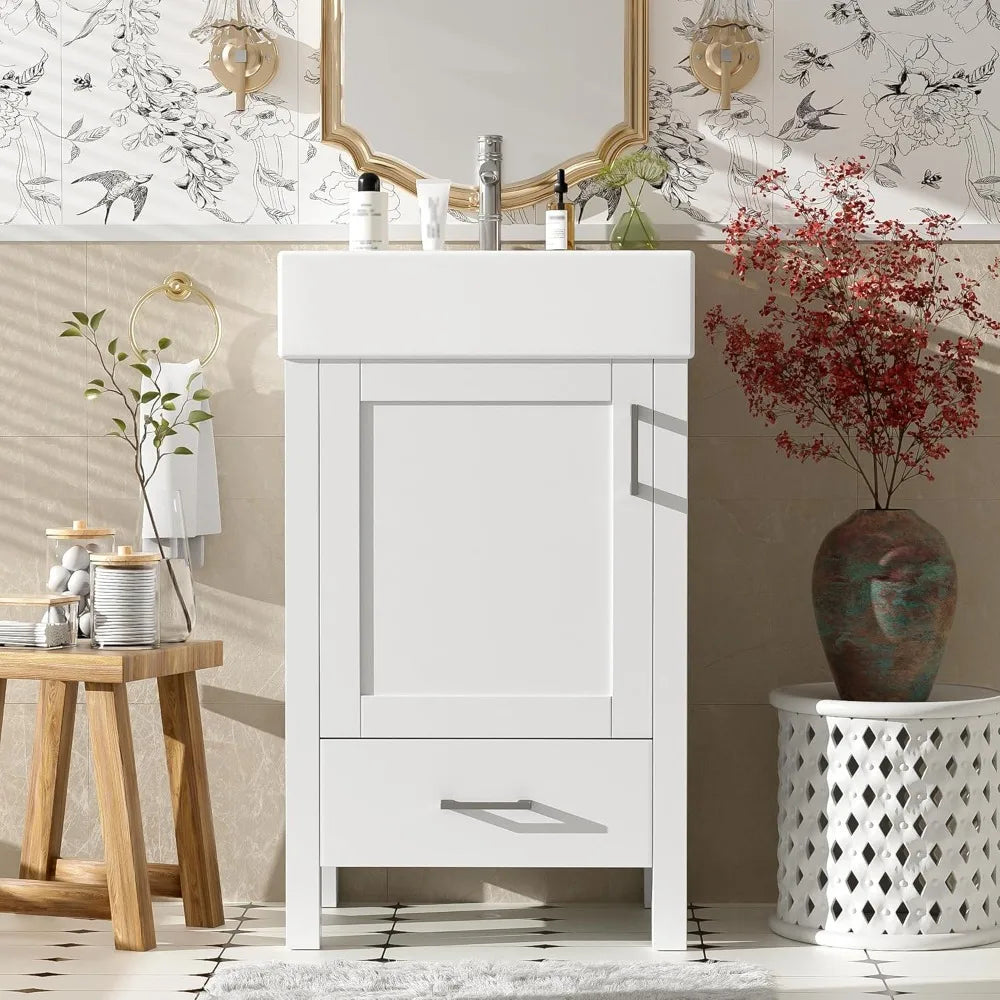 Freestanding Bathroom Vanity With Ceramic Sink Soft Closing Doors Drawers