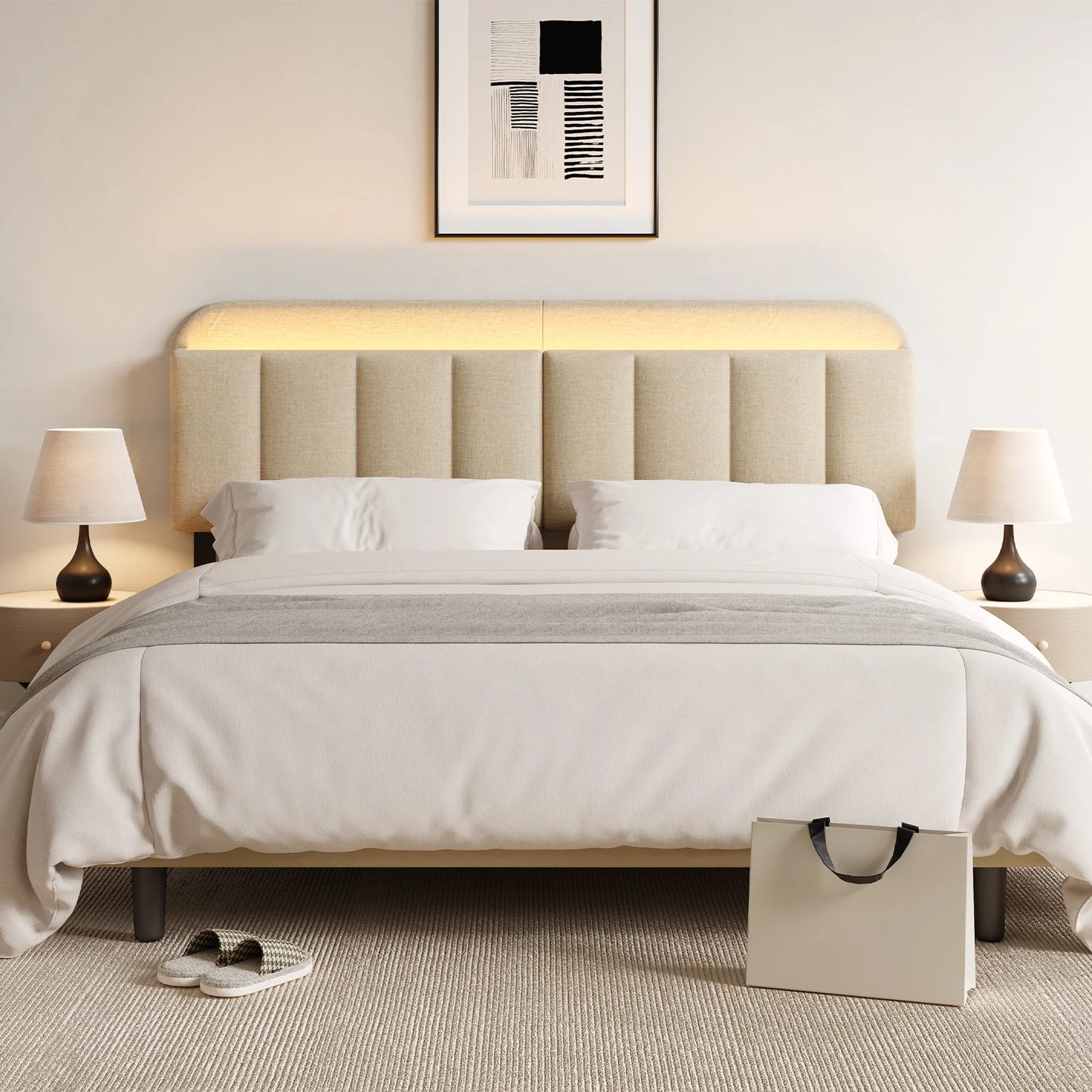 ONBRILL Adjustable Linen Headboard With Storage And RGB Lighting