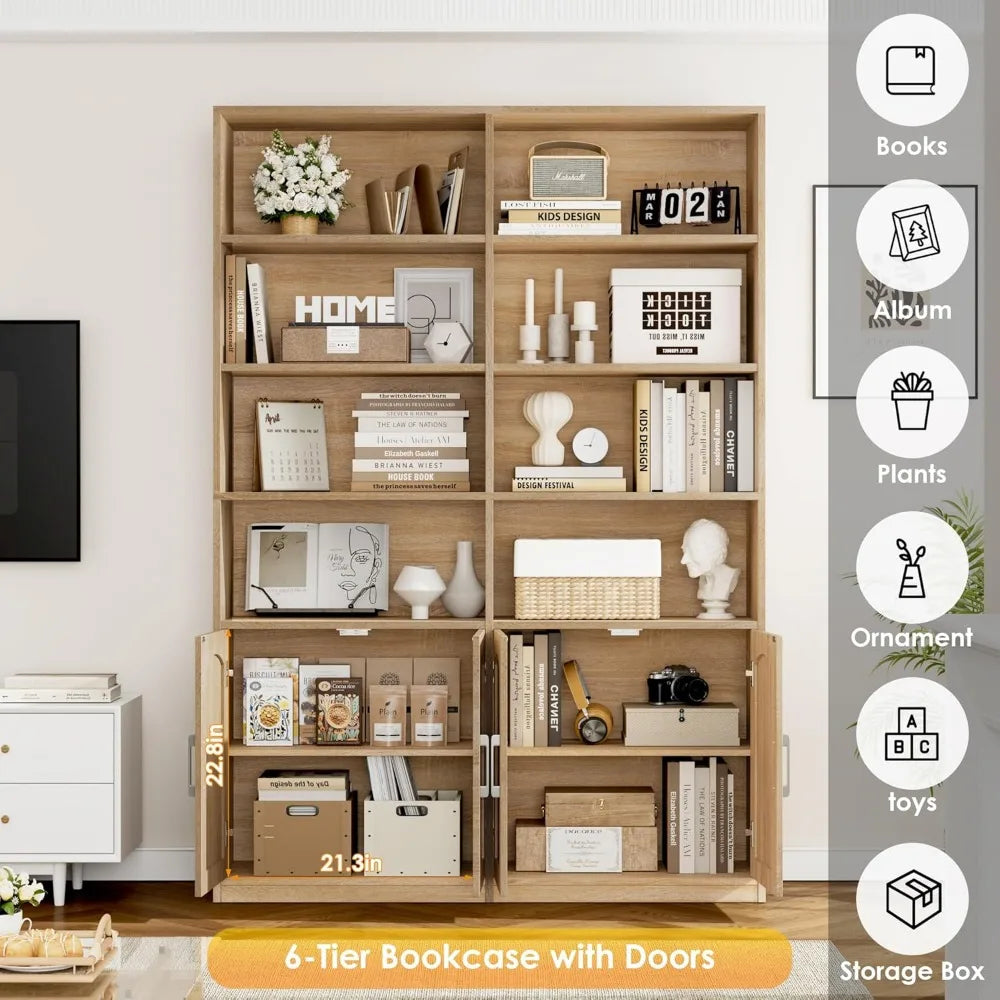 XIUWO Six Tier Double Wide Bookshelf With Doors And Storage Cabinets