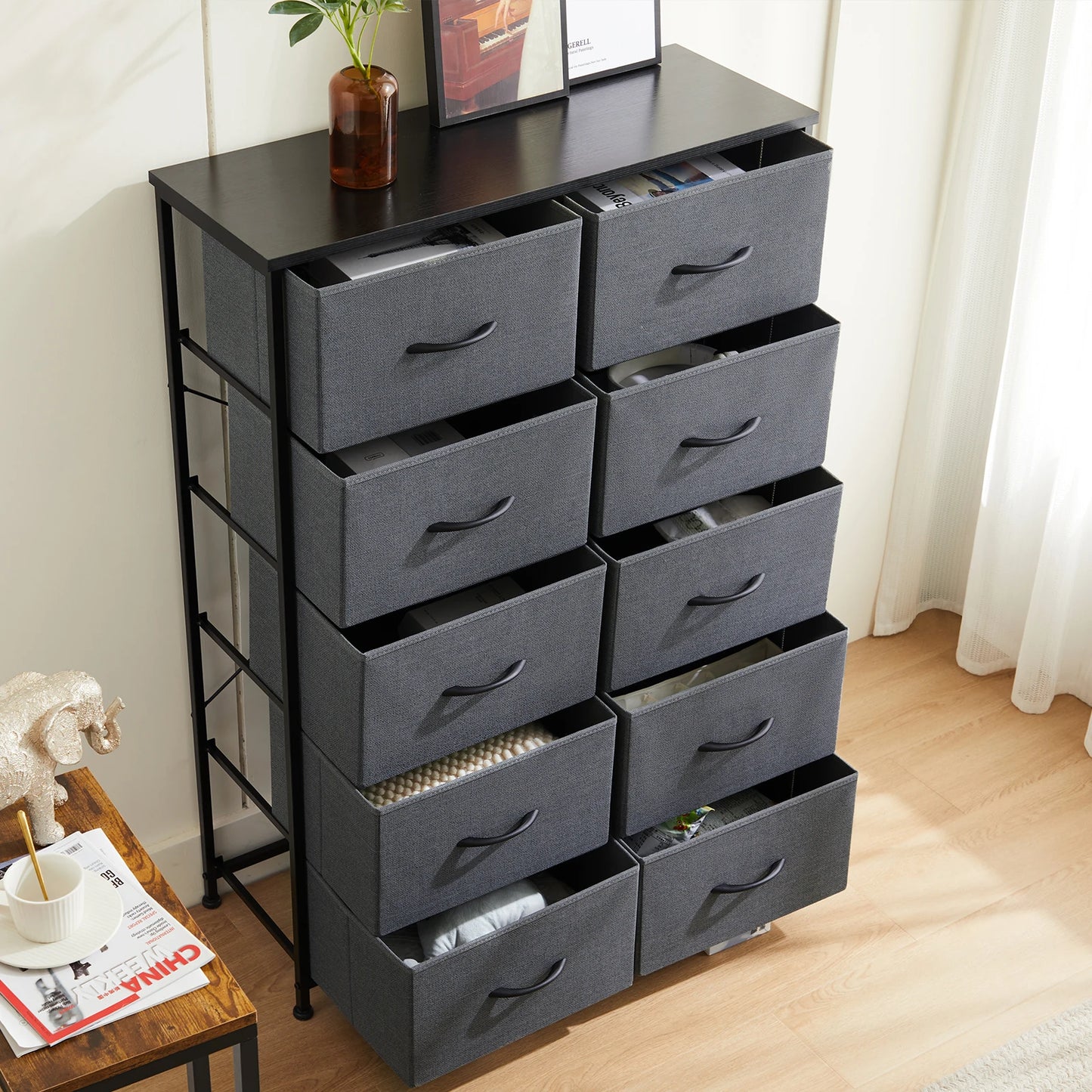 JHK Bedside Table With 10 Fabric Drawers And Metal Frame