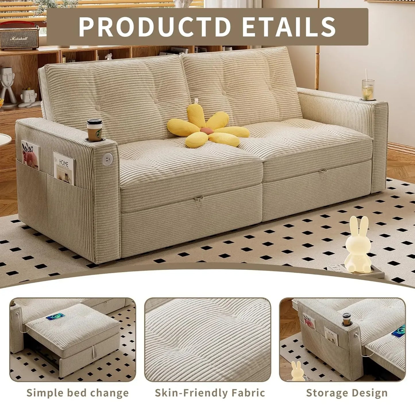 GUANGBAI Modern Sofa Bed Loveseat Sleeper With USB Pockets
