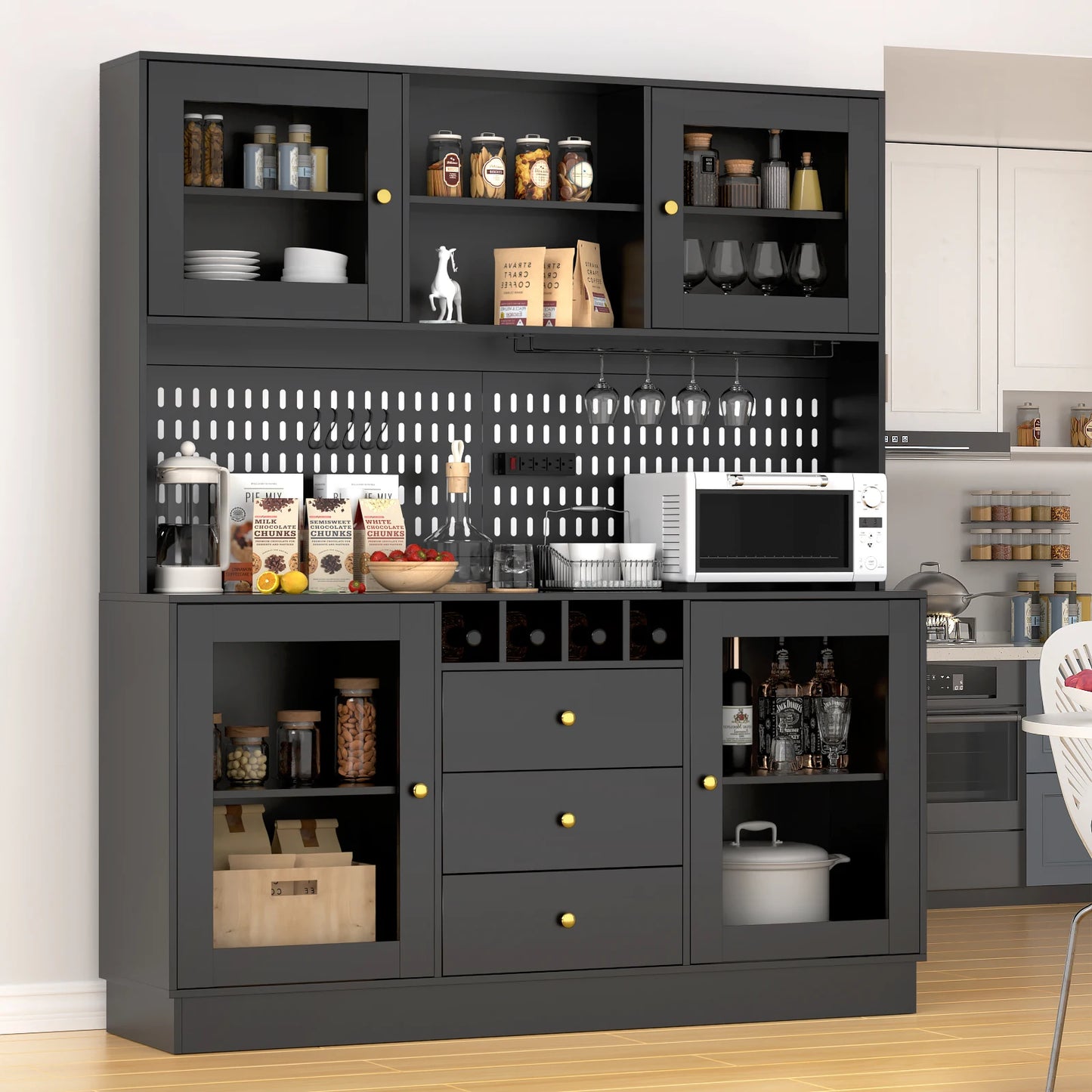 VOWNER Pantry Cabinet With Pegboard Cup Holder And Power Outlet