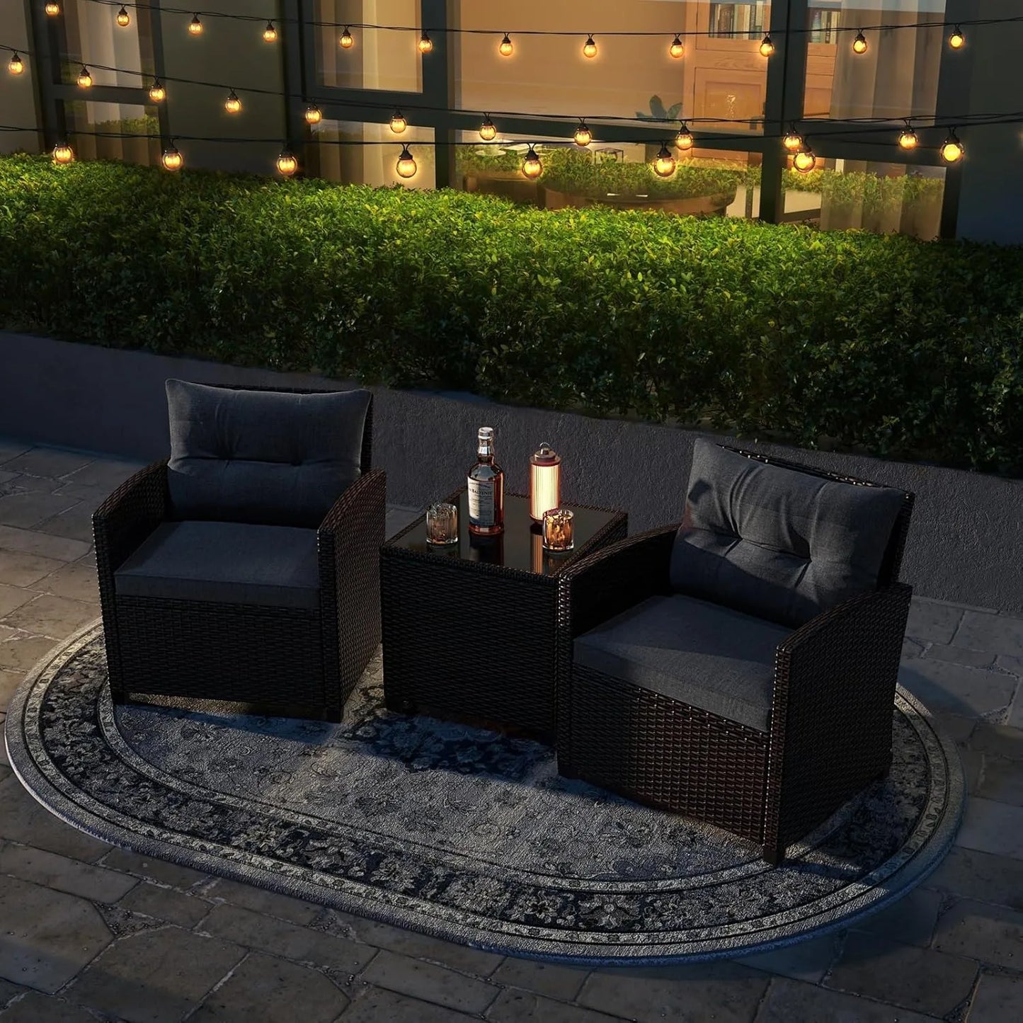 XIUWO 3-Piece Patio PE Rattan Sofa Set With Glass Table