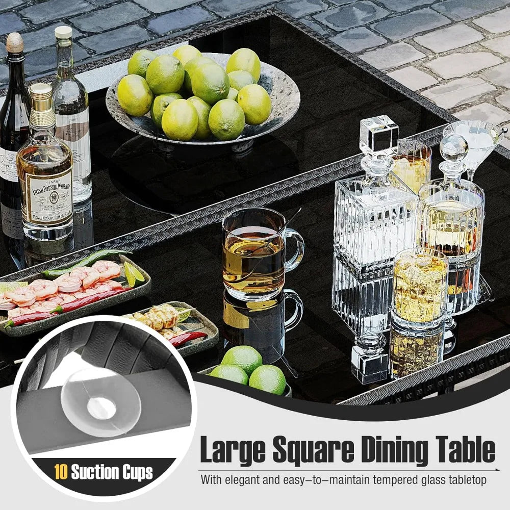 9 Piece Outdoor Patio Dining Set Rattan Chairs With Tempered Glass Table Ottoman