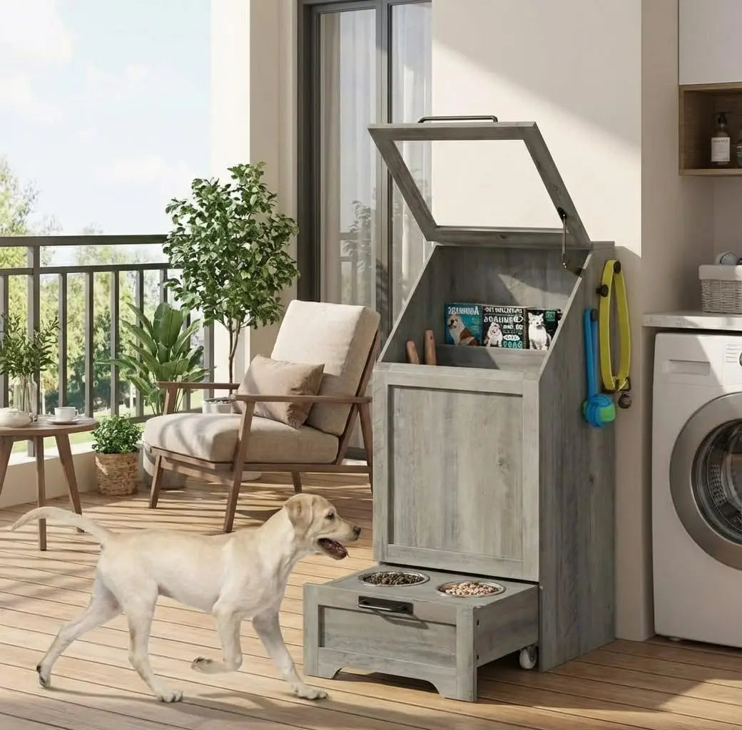 HiMISS Dog Feeding Station With Storage Cabinet And Raised Bowls