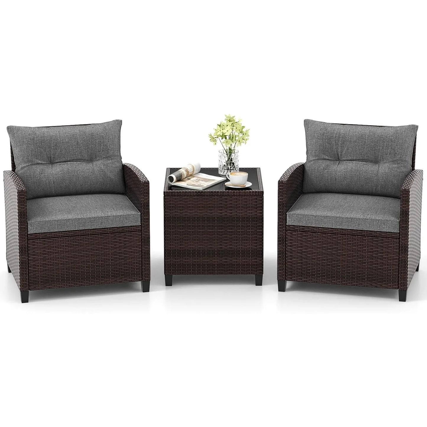 XIUWO 3-Piece Patio PE Rattan Sofa Set With Glass Table