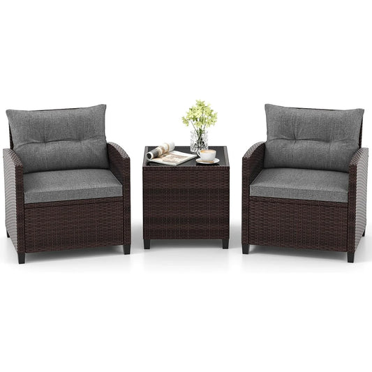 XIUWO 3-Piece Patio PE Rattan Sofa Set With Glass Table