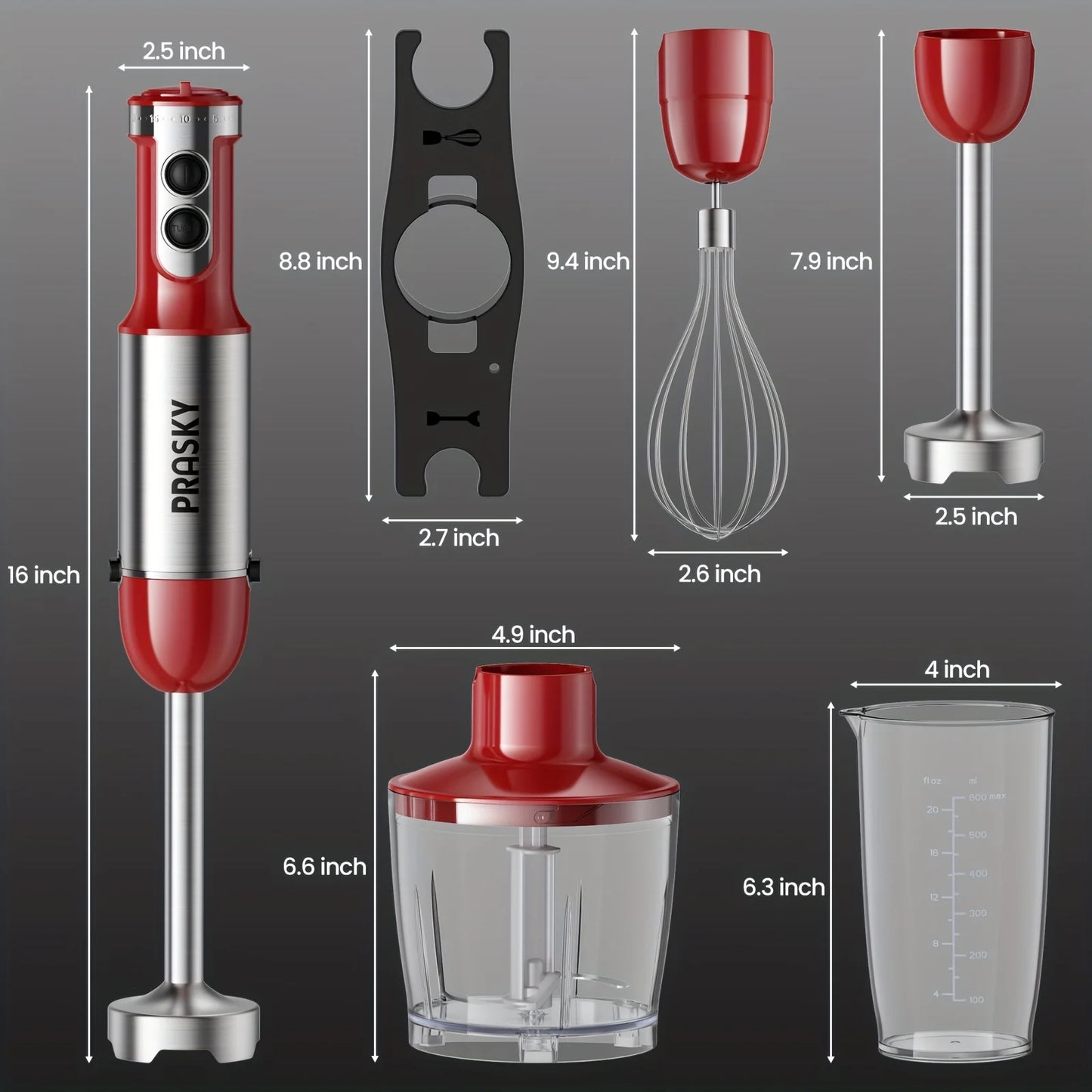 Prasky 5-In-1 Handheld Immersion Blender With Whisk And Chopper