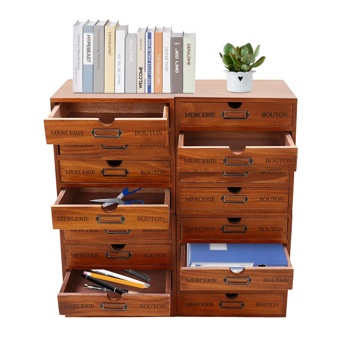 Four-Tier Wooden Desktop Organizer With Sixteen Drawers