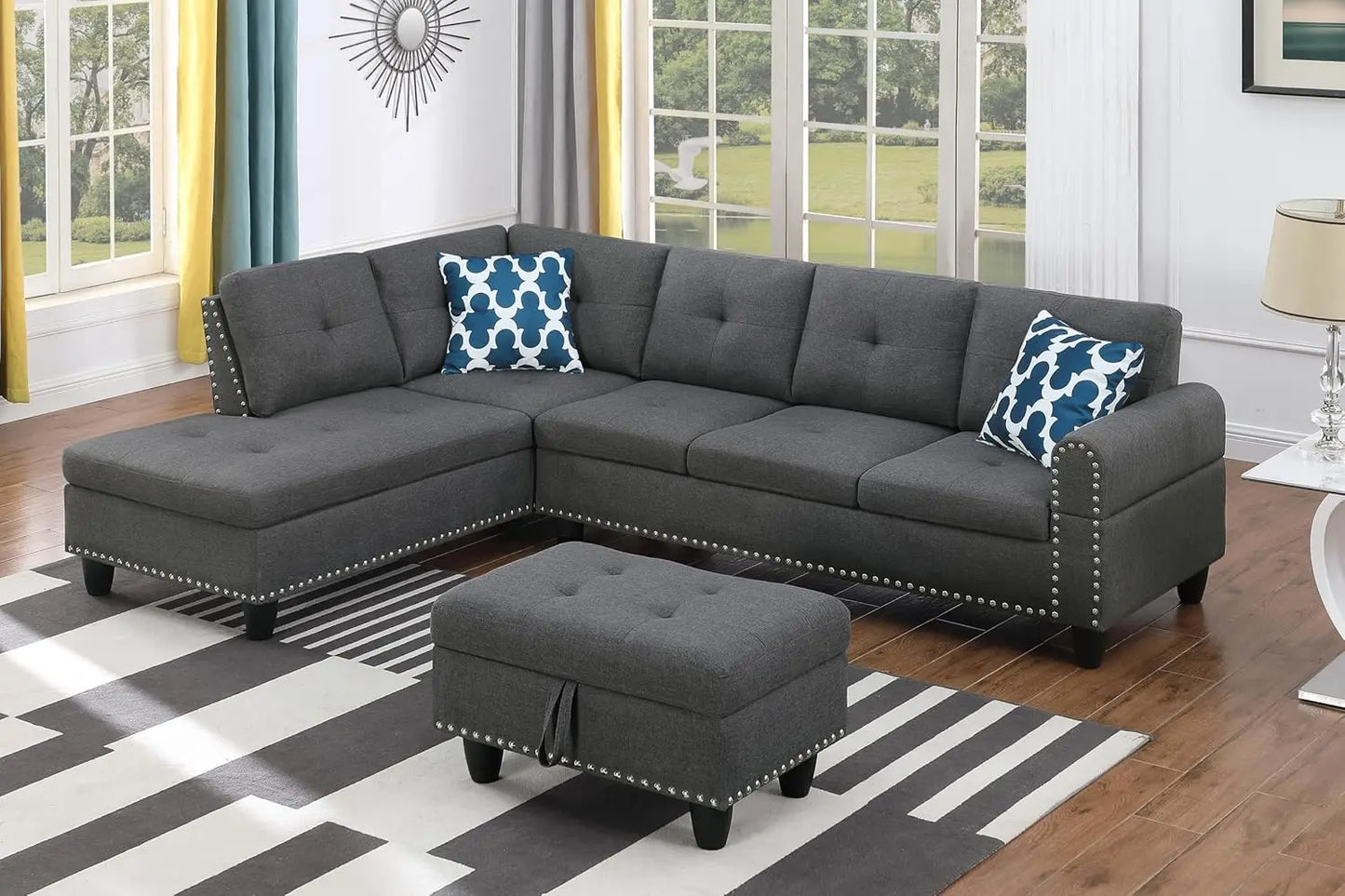 Sectional Sofa L-Shaped Set With Chaise Lounge And Ottoman Pillows